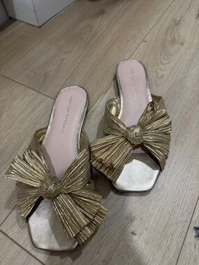 Loeffler Randall Metallic Gold Knotted Bow Slide Mules